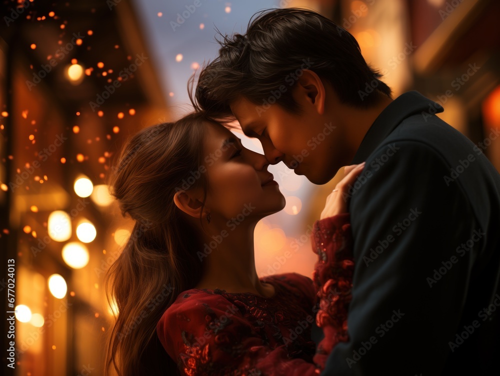A couple shares an intimate moment, their noses lightly touching, amidst a softly illuminated street, with the ambiance of floating embers and golden lights around them, new year kiss A couple shares an intimate moment, their noses lightly touching, amidst a softly illuminated street, with the ambiance of floating embers and golden lights around them, new year kiss