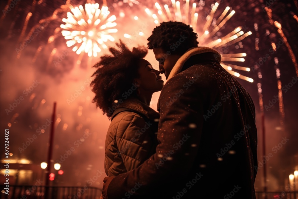  a romantic moment between a couple as they are about to kiss, with a backdrop of vibrant fireworks lighting up the night sky. Snowflakes gently fall, adding to intimate atmosphere, new year kiss snow