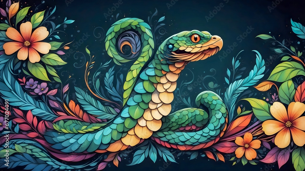 Retro image of a colorful snake gracefully entwined in vibrant flowers, an enchanting blend of vintage style and vivid nature. Retro image of a colorful snake gracefully entwined in vibrant flowers, an enchanting blend of vintage style and vivid nature.