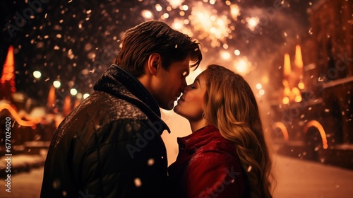 A tender moment is captured as a couple is nose-to-nose, about to kiss, amidst a snowy evening. The bokeh lights of fireworks and street lamps create a warm, festive background, new year kiss snow