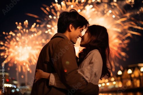 a couple is in a close embrace, foreheads touching, with a backdrop of dazzling fireworks in the night sky, symbolizing a celebration and romantic connection, new year kiss