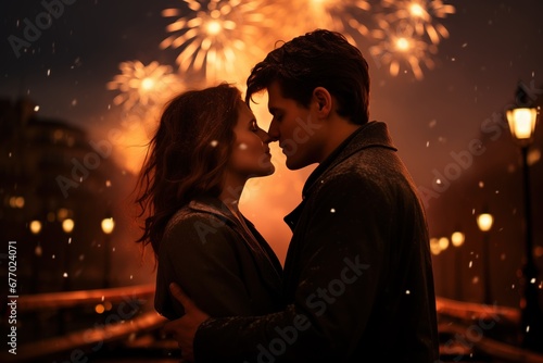 a couple is intimately close, their foreheads nearly touching, against a backdrop of spectacular fireworks and gently falling snow, evoking a sense of celebration and romance, new year kiss snow
