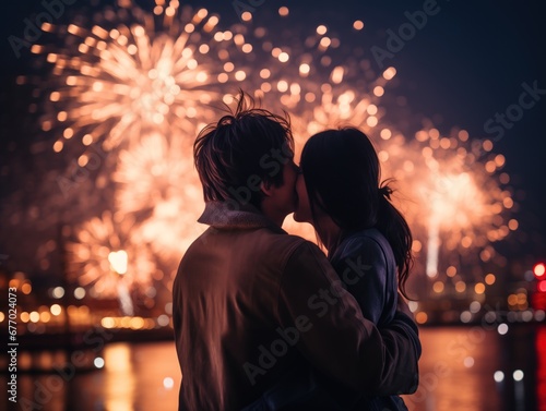 A couple embraces in a kiss, silhouetted against a spectacular display of fireworks reflecting off a water body, creating a romantic and celebratory ambiance, new year kiss
