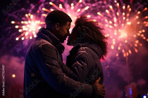 a romantic moment between a couple as they are about to kiss, surrounded by the vibrant colors of fireworks in the night sky. Snow lightly dusts their winter clothing, new year kiss snow