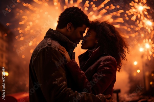 a close-up of a couple in a tender embrace, their silhouettes outlined by the warm glow of fireworks. Snowflakes adorn their winter jackets, enhancing intimate and cozy atmosphere, new year kiss snow