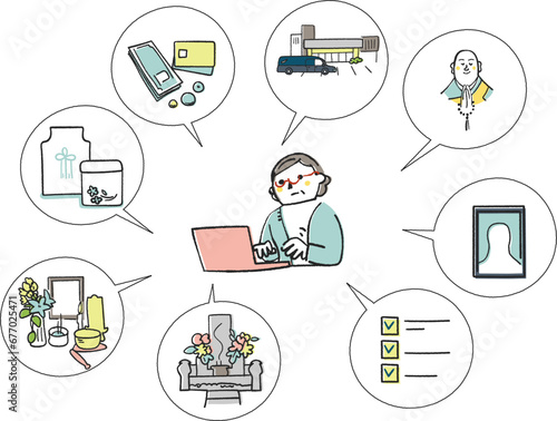 葬儀・旅立ちについてパソコンで調べる中高年の女性　セット　イラスト素材
