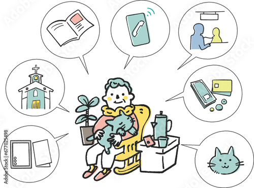 終い方について考える独居老人　セット　イラスト素材	
