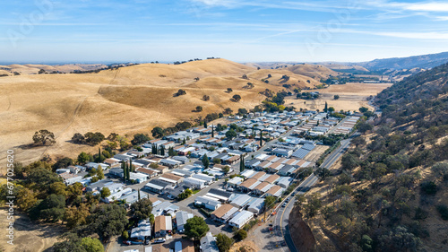 Aerial view of the Clayton Palms Mobile home community in Clayton, California