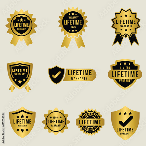 Set of Lifetime Warranty Golden Seal Stamp, gold lifetime warranty labels, badges, stamps