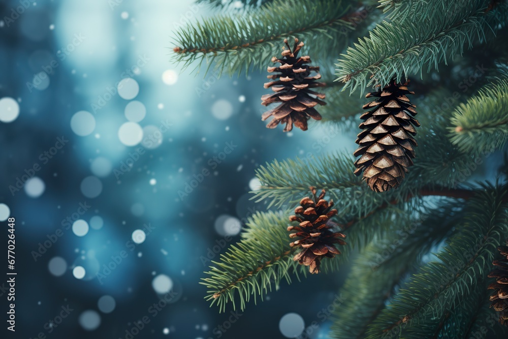 Christmas tree branches with conifer cone holiday  dark background concept