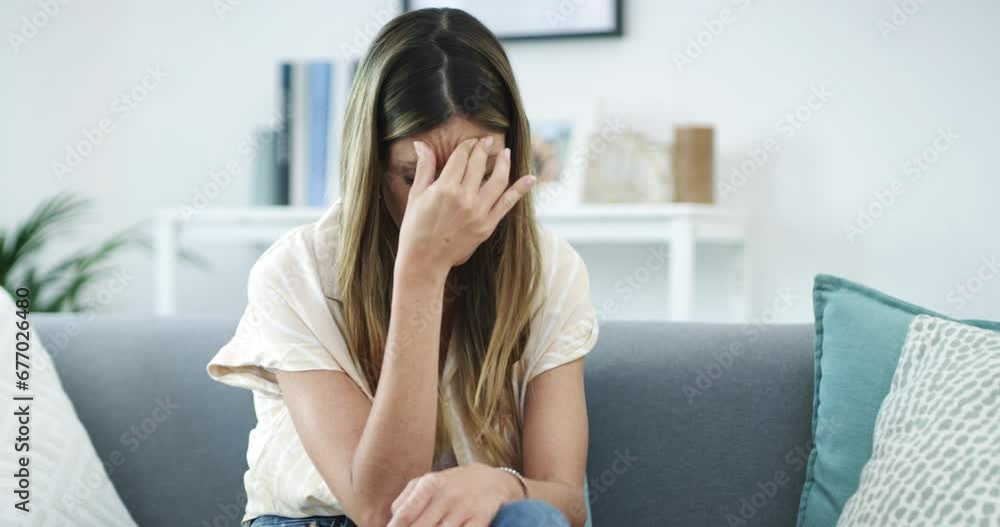 Frustrated woman, headache and anxiety on sofa with stress, depression or mistake in living room at home. Face of tired female person with migraine in mental health, fail or burnout on couch at house Frustrated woman, headache and anxiety on sofa with stress, depression or mistake in living room at home. Face of tired female person with migraine in mental health, fail or burnout on couch at house