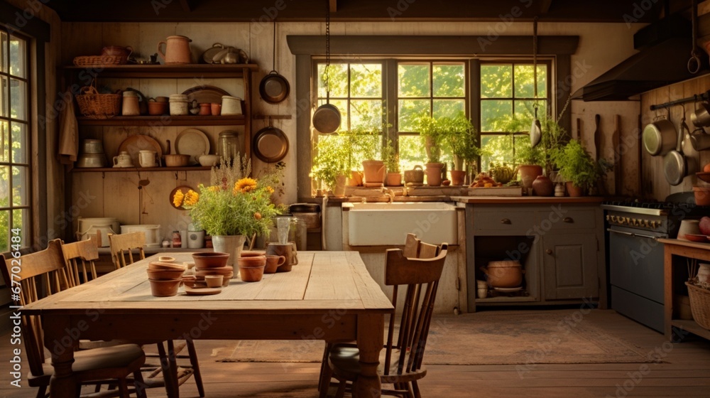Obraz premium A rustic farmhouse kitchen with a large wooden table, vintage decor, and the aroma of a homemade pie wafting through the air. 