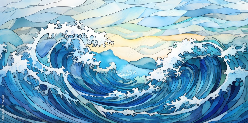 Blue ocean wave Japan style with wind and sun in the background Blue ocean wave Japan style with wind and sun in the background