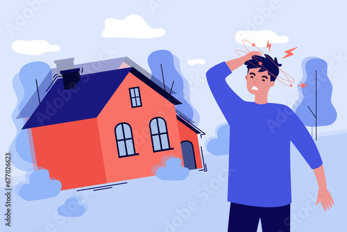 Man feeling disoriented near big house in street. Vector illustration. Vertigo sensation, dizziness, vestibular disorder concept
