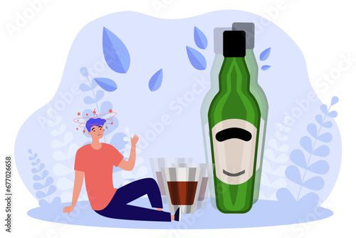 Huge bottle of alcohol and man feeling dizzy. Flat vector illustration. Shot glass, beverage. Vertigo, hangover, aftereffects of drunkenness concept