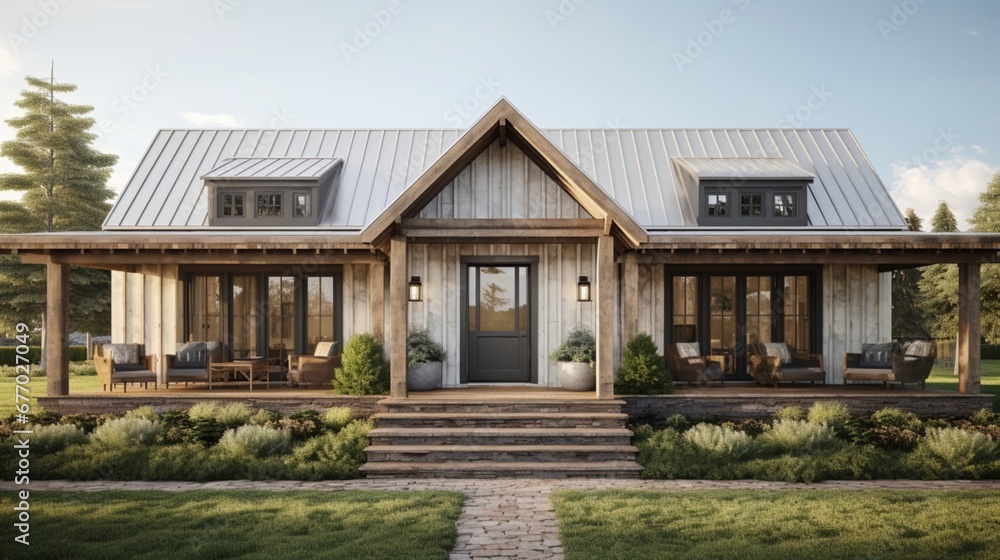 A rustic farmhouse facade with a charming front porch, barn-style doors, and a weathered wood exterior for a cozy and timeless appeal.
