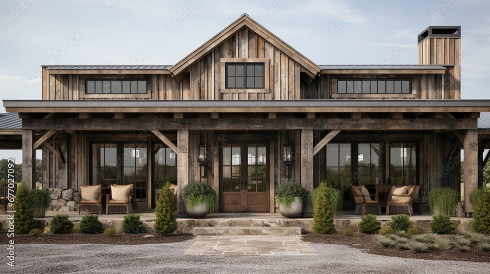 A rustic farmhouse facade with a charming front porch, barn-style doors, and a weathered wood exterior for a cozy and timeless appeal