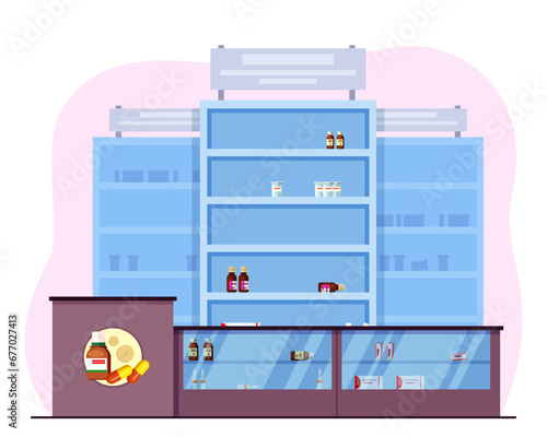 Pharmacy with empty shelves vector illustration. No people and no medicine in drug store. Medicine shortage concept