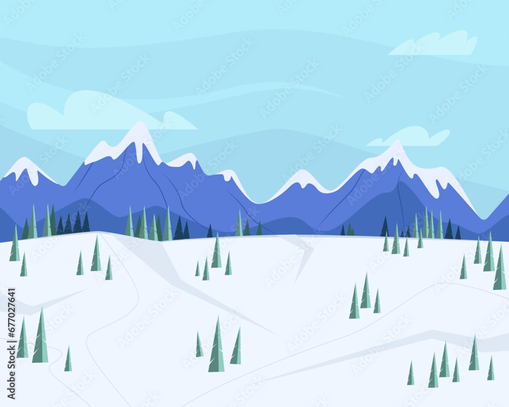 Snowy mountains and fir trees vector illustration set. Winter, hills, snow. Nature, weather concept