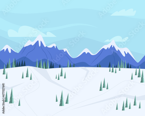 Snowy mountains and fir trees vector illustration set. Winter, hills, snow. Nature, weather concept