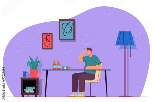 Man sitting at home and feeling dizzy after party. Flat vector illustration. Bottles with alcohol on table. Vertigo, hangover, aftereffects of drunkenness concept
