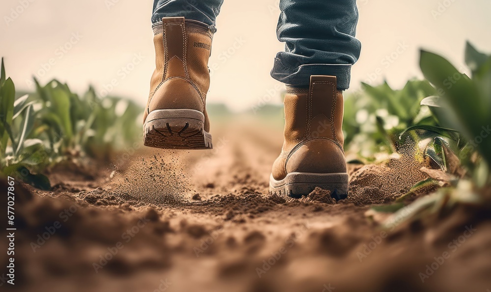 close-up of a farmer's feet in rubber boots in field plants, Generative AI - obrazy, fototapety, plakaty 