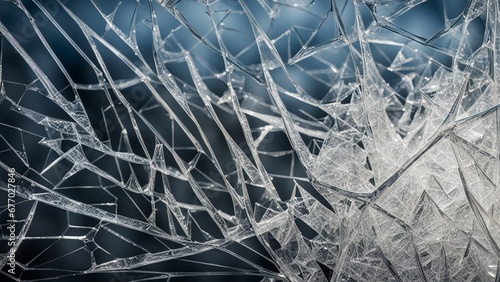 A close-up of a shattered glass surface, capturing the fractured patterns and textures.