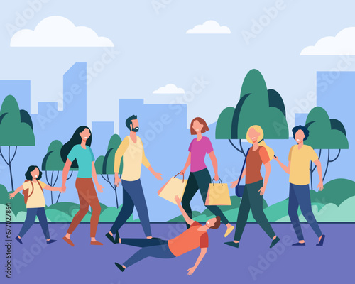 Many people walking in city street. Flat vector illustration. People in hurry, man falling down. Danger of large crowds concept