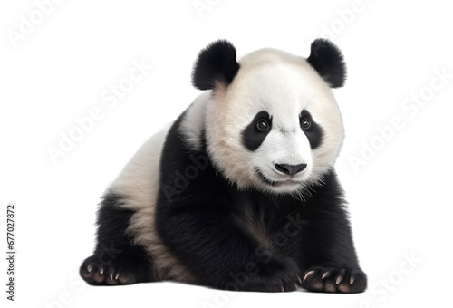 Front view, adorable panda with sitting position isolated on transparent background. 
