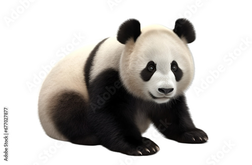 Side view, lovely panda sitting against transparent background.