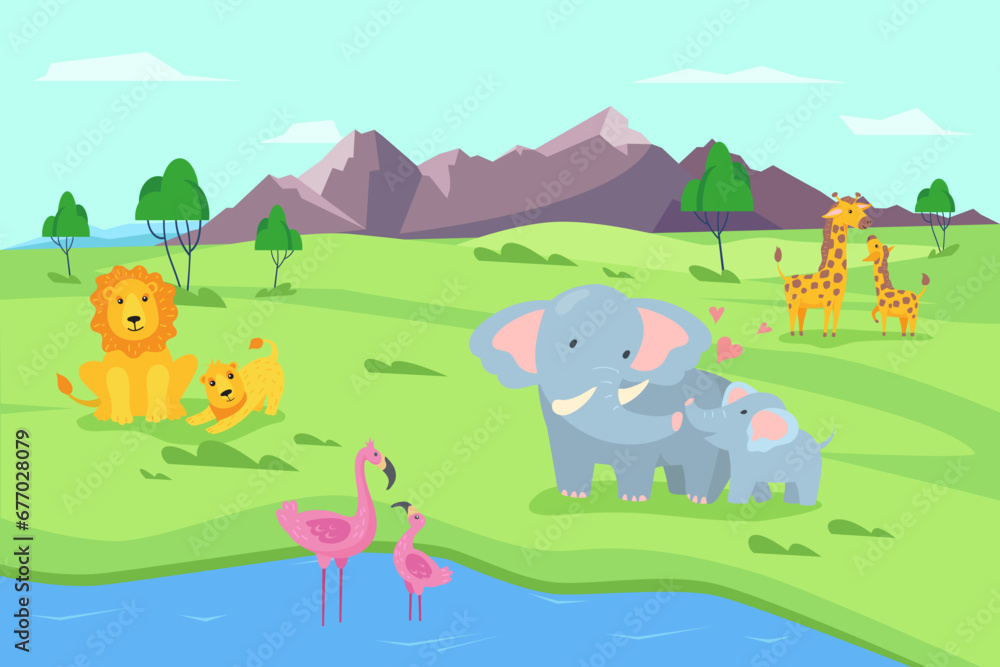 Animals cartoon vector illustration. Lions, elephants, giraffes and flamingos. Nature, wildlife concept Animals cartoon vector illustration. Lions, elephants, giraffes and flamingos. Nature, wildlife concept