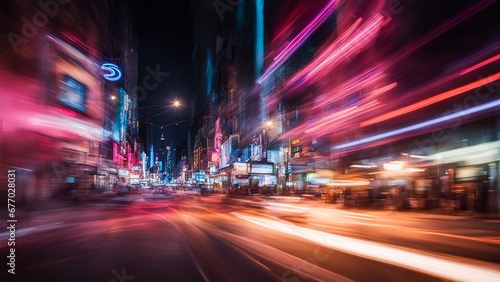 A series of blurred neon lights in motion, capturing the energy and dynamism of a city nightlife.