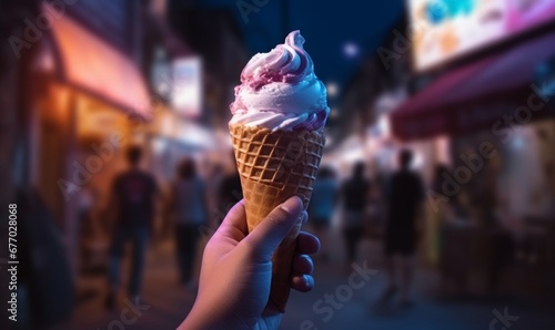 hand hold Melting ice cream cone on street food at night, Generative AI
