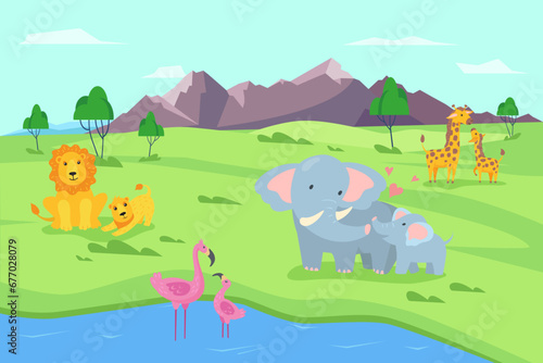 Animals cartoon vector illustration. Lions  elephants  giraffes and flamingos. Nature  wildlife concept