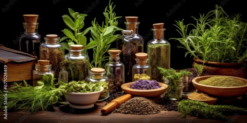 Medicinal herbs and tinctures alternative medicine on table with leaves, Generative AI