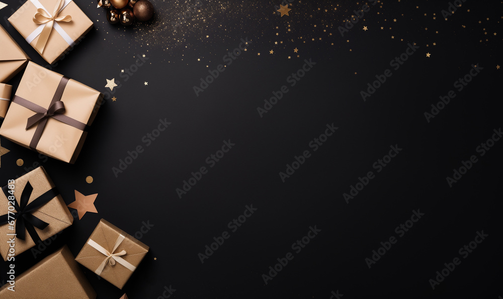 Fototapeta premium Gift boxes wrapped in beige paper with bow on black background with copyspace