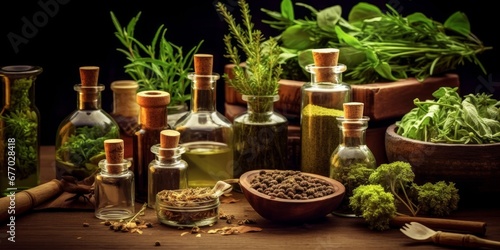 Medicinal herbs and tinctures alternative medicine on table with leaves  Generative AI