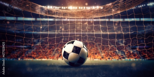 Soccer ball flew into net of the goal. Soccer ball bends the net inside soccer stadium, Generative AI