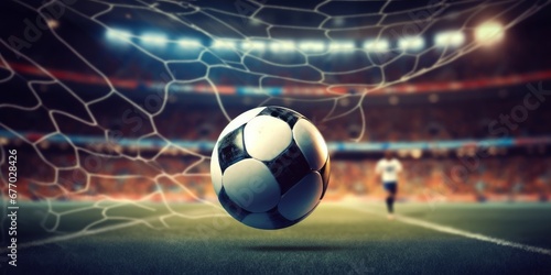 Soccer ball flew into net of the goal. Soccer ball bends the net inside soccer stadium, Generative AI © Planetary Artist
