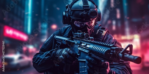 a special forces soldier police a with high technology gun and weapon working in night city, Generative AI photo