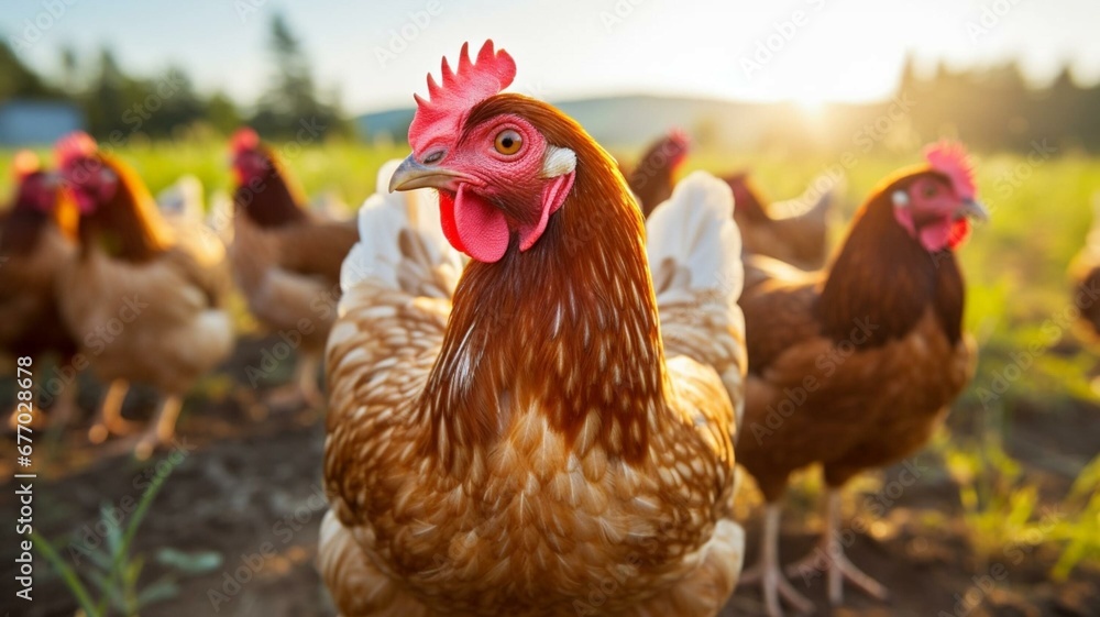 Free range chickens on farm