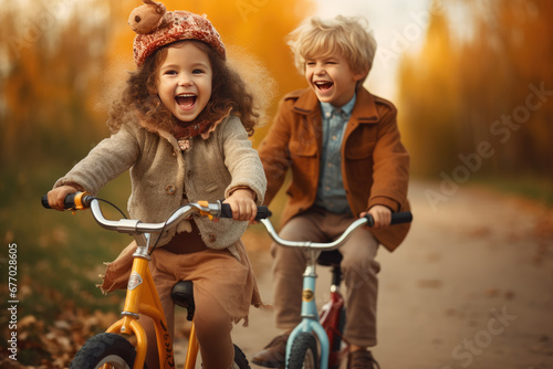 happy kids riding bicycle in an autumn park