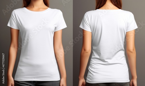 T - shirt mockup. White blank t - shirt front and back views. Female and male clothes wearing clear attractive apparel tshirt models template, Generative, Generative AI