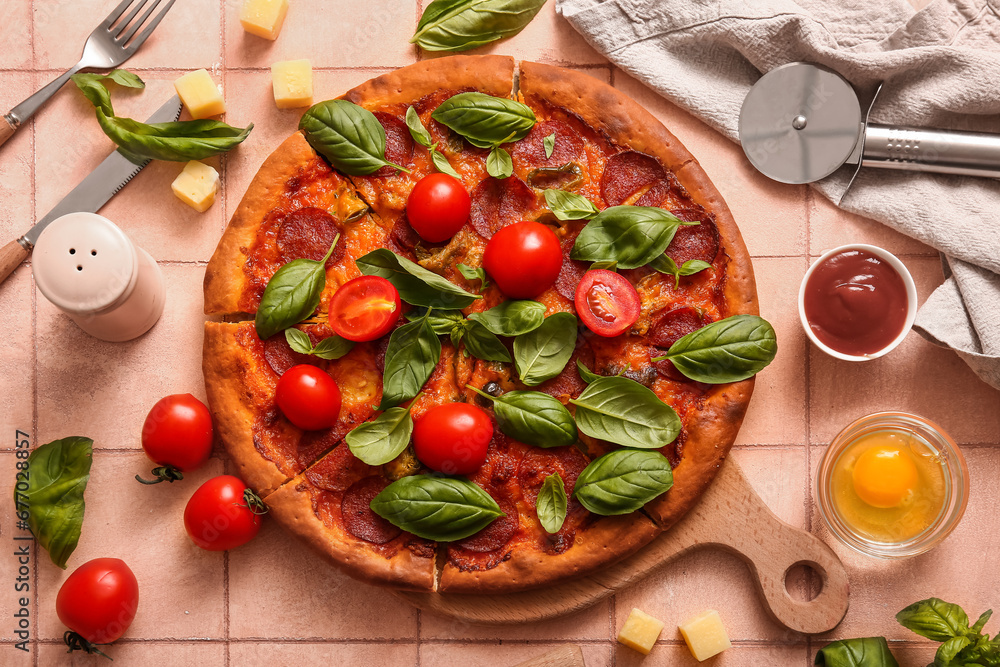 Wooden board of delicious Pepperoni pizza with tomatoes and basil on pink tile background Wooden board of delicious Pepperoni pizza with tomatoes and basil on pink tile background