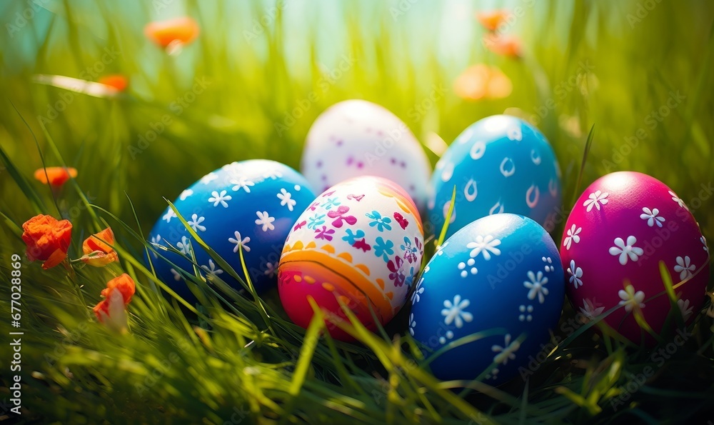 painted eggs on grass background in ester day,  Generative AI