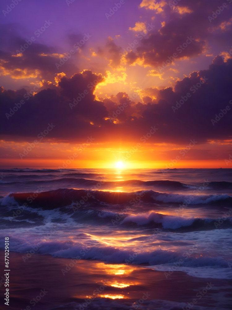 Amazing sunset over the ocean with ocean waves in a captivating landscape scene. Clouds gathering, sunrays, nature background, wallpaper, weather and nature.