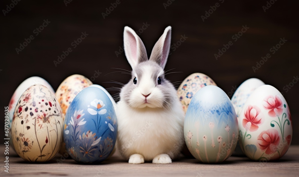 painted eggs with bunny rabbit in ester day, Generative AI