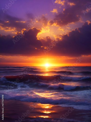 Amazing sunset over the ocean with ocean waves in a captivating landscape scene. Clouds gathering  sunrays  nature background  wallpaper  weather and nature.