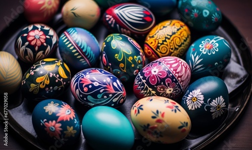 Easter eggs in various patterns and colorful colors,  Generative AI