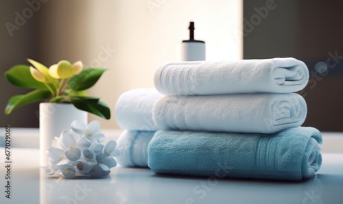 Pile of towel on bathtub  spa concept  Generative AI